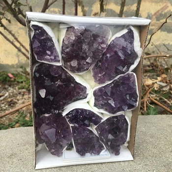 1 кутия клъстери кристали естествен лилав кварц, проби от необработени минерали от аметист, подарък кутия с клъстери