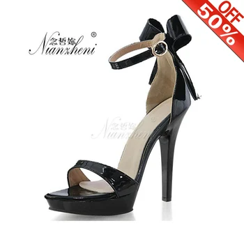 13 см Женски Пикантни Модни Сандали на платформа с каишка на щиколотке, модел на сватбени партита, Кристални обувки, 5-инчов Пикантни вечерни обувки на висок ток с лък