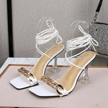 2021 г., Нови Модни Дизайнерски Дамски Сандали на веригата С Отворени Пръсти, Летни Прозрачни Дамски Обувки на Нетрадиционни Обувки С Кръстосани шнур, по-Големи Размери