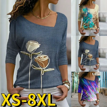 2022 Новата Есенно-зимни Дамски Модни тениска Свободно размер С V-образно деколте, пуловер с флорални принтом, Ежедневни Стилна Свободна тениска с дълъг ръкав