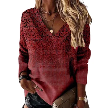 2023 в Есенно-зимната тениска с ботаническата цветисти принтом, дамски пуловер с V-образно деколте, Блузи с дълги ръкави, удобни Дамски ежедневни ризи за междуградски пътувания