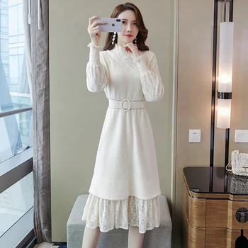 2023 Есен-зима, бяло дантелено кашемировое рокля midi, реколта шикозни и секси корейски обикновена рокля, елегантни дамски панталони рокли за подиум