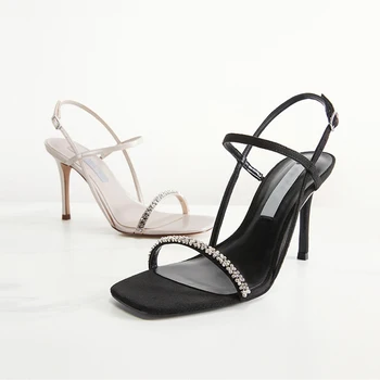 2023 Нови луксозни сандали на висок ток с кристали, дамски черни обувки на висок ток с кристали, с чувство за дизайн и секси обувки на висок ток