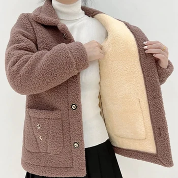 2023 ново дебели зимни однобортное дамско палто, което мама е с джоб на ревера от изкуствена кожа, топла ежедневни яке за жени
