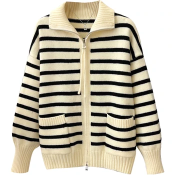 32/5000 Real shot двойна светкавица шарен вълнен пуловер с подплата, плетена вълнена жилетка, женски есенно-зимния 2023 нов пуловер с ревери, палто