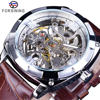 Forsining 207B Механични-автоматични Мъжки часовници с винтажным кожена каишка и резным циферблат за продажба на Ежедневните бизнес мъжки часовник