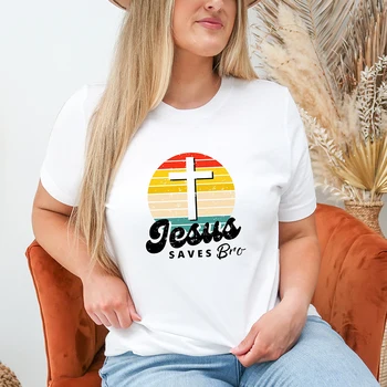 Jesus Saved Брат Cross Реколта Тениска Жена С Кръгло Деколте Графична Тениска Ежедневни Религиозна Облекло Вдъхновяваща Тениска Femme Dropshipping