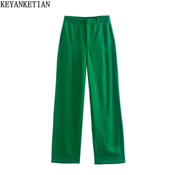 KEYANKETIAN/ дамски пролетно облекло, нови еластични панталони с ципове с висока талия, широки панталони, модерни, шикозни зелени прави панталони