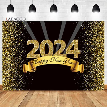 Laeacco Честита Нова Година На Фона 2024 Навечерието На Нова Година Черно Златен Блясък, Пайети Звезди Децата На Възрастни Фон За Портретна Фотография