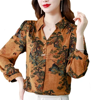 M-4XL 2023, есенна риза с флорална принтом, дамска блуза в стил ретро с дълъг ръкав, однобортные върхове за пътуване до работа