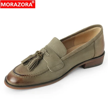 MORAZORA / 2023 нови обувки от естествена кожа, Дамски лоферы, Обувки с пискюли, Модни обувки на равна подметка, женски офис модела обувки без закопчалка