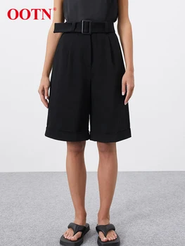 OOTN Офис женски черни шорти Midi плисирани Елегантни къси панталони с висока талия Дамски летни Модни ежедневни панталони с джобове 2023 Новост