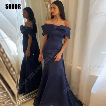 SONDR Blue Русалка с открити рамене Саудовско-Арабското вечерна рокля С плисета Атлас Дубай Арабия Празнична вечерна рокля Вечерни рокли за бала