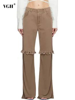 VGH хит цвят мозайка спускане дънкови панталони за жени висока талия сращенный джоб за отслабване ежедневни панталони пълна дължина дамска мода
