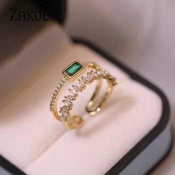 ZAKOL Двуслойни Модни Зелени Годежни пръстени с кристали, Цирконий за жени, Вечерни украса за момичета, Подарък за Рожден Ден