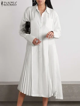 ZANZEA Ежедневни дълги рокли-ризи, дамско плиссированное рокля Миди с дълъг ръкав, есенна мода 2023, халат за баня с ревера, офис обличам копчета, Vestidos