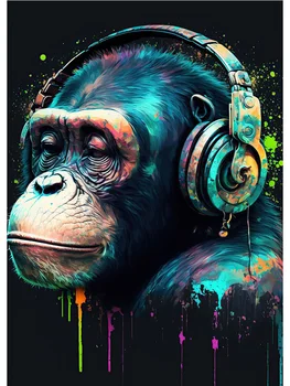Акварел, слушалки Cool Monkey, музикален постер на Dj и печат върху платно, Стенно изкуство с животни за домашен интериор в хола Без рамка