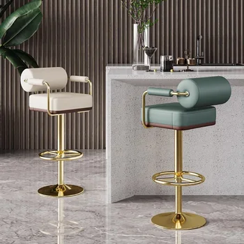 Бар стол от златист метал телескопична Модерен и луксозен бар стол от висококачествена естествена кожа Nordic Banqueta Alta Para Cozinha Мебели за дома