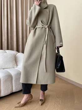 Бежевое Дълго дебели вълнени палта голям размер, Нова дамско яке с ревера и дълъг ръкав Fashion Tide Есен-Зима O627