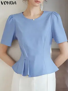 Дамска блуза 2023, Модерни Елегантни ризи с къси пухкави ръкави, секси Летни блузи с кръгло деколте, дамски Ежедневни Свободни Офис блузи