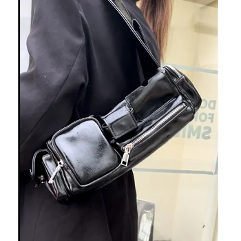 Дамска черна чанта през рамо с множество джобове, Корейската реколта квадратна чанта с голям капацитет, прости чанти под мишниците, чанти-тоут от изкуствена кожа, бели