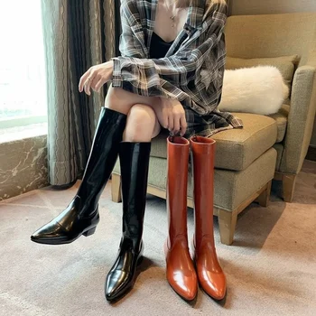 Дамски каубойски ботуши в западен стил от лачена кожа с остри пръсти, зимна дизайн, луксозни модни дамски ботуши на високи токчета, Елегантни ботуши до коляното с страничния цип