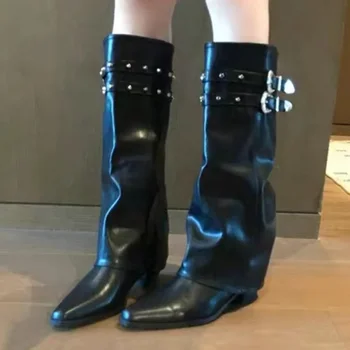 Дамски обувки 2023, Висококачествени дамски обувки без обков, зимни ботуши с остри пръсти, с твърда загнутым ръба, до средата на прасците, на среден ток