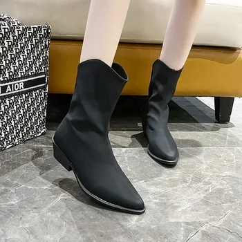 Дамски обувки 2023, Модни дамски обувки до средата на прасците с цип отзад, зимни модерни обувки, дамски шиене на обувки с остър пръсти на квадратен ток, жените