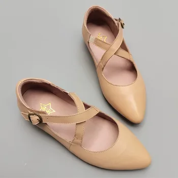 Дамски обувки без закопчалка, балет апартаменти на равна подметка с остри пръсти, 100% Естествена кожа, Дамски обувки на равна подметка, 2023 Летни Дамски модел обувки