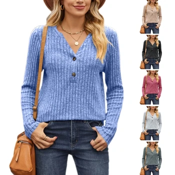 Дамски плетени пуловери в рубчик, блузи, тениски, ежедневни блузи с дълъг ръкав и V-образно деколте за работа в офис, блузи, дамски кофточки