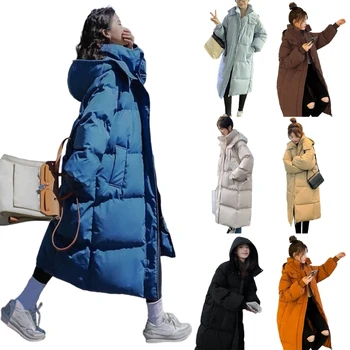 Дамско дълго пуховое палто с качулка, зимно утолщенное пуховое палто с цип, връхни дрехи с джобове, подаръци, директна доставка