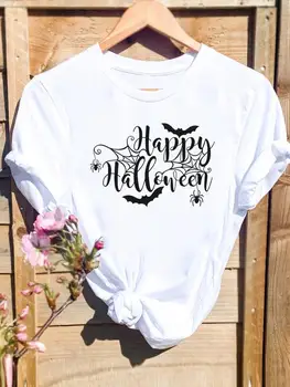 Есен, есен тениски с букви, Дрехи с къс ръкав, Щастлив Хелоуин, тенденция, Фестивал на благодарността, Дамски потник с тениска с графичен дизайн