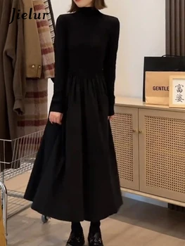 Есен ново однотонное приталенное красива женствена рокля Jielur, просто основния една модерна женствена рокля Ins, сладък дамски черни рокли, дамски рокли.