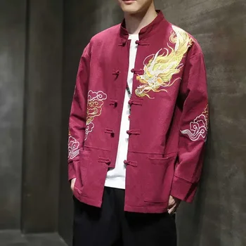 Есен палто с бродерия на дракона в китайския стил, яке с дълъг ръкав, мъжки ретро бельо свободен костюм с катарама в стил тан, топ кунг-фу, голям размер