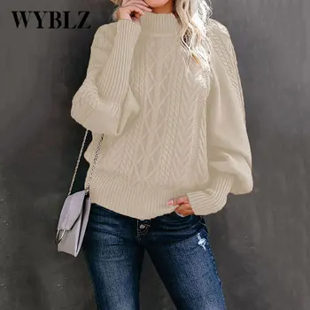 Жена вязаный пуловер WYBLZ със средна деколте, зимата на топло Модерен Свободен пуловер с ръкави-фенерче, женски обикновен елегантен пуловер-топ