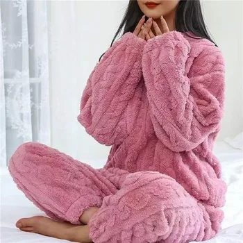 Жена зимна пижамный комплект отвътре с кръгло деколте и дълъг ръкав, модни топла пижама, ежедневни фланелевая пижами за почивка, домашно облекло