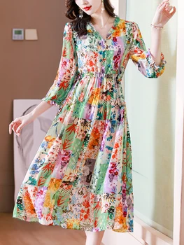 Жена красива рокля Миди с V-образно деколте и къдри от цветя от коприна, 2023, Корейското Винтажное в Елегантна вечерна рокля, Пролетно-лятно Модерно Луксозно рокля за бала