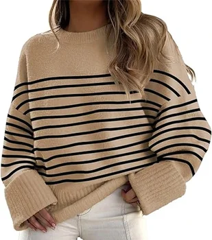 Жена оверсайз-плюшено вязаный дебел топъл пуловер с кръгло деколте и дълги ръкави за отдих, за работа в двойка с шарени свитером