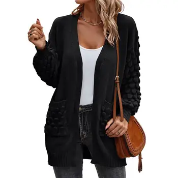 Жена пуловер-палто Стилен женски вязаный жилетка свободно намаляване с дълъг ръкав, пуловер-палто със средна дължина, с джобове, монофонични