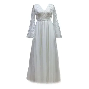 Жена сетчатое дантелено рокля с дълги ръкави и изгорени ръкави с Vобразным деколте, бели рокли Макси за жени, тържествено рокля за парти, сватбена рокля