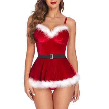 Женски секси Коледен cosplay, костюми на Дядо Коледа, Карнавальная парти, клубна дрехи, Бархатное рокля с тапицерия от плюш пера, трико с колан