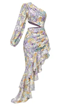 Женствена рокля с волани по едно рамо, с флорални принтом, дебнещ рокля според фигурата