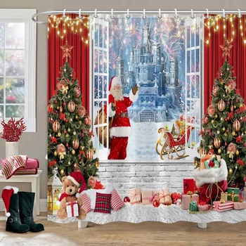 Завеси за душ за Коледно парти, камина, Коледна елха и подаръци, Снежен човек, Снежна сцена, Моющаяся завеса за душ, Артистичен интериор баня
