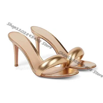 Златни чехли на висок ток в изчистен стил, комфортни дамски обувки на висок ток, модни Летни дамски ежедневни чехли, Zapatos Para Mujere