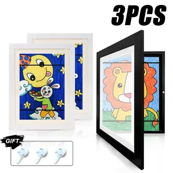 Комплекти детски художествени рамки формат 3шт формат А4, wooden взаимозаменяеми фотодисплей за плакат, рисунка, рисунки, декор за показване на снимки
