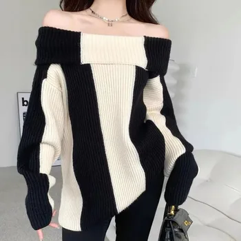 Корейски Секси Жена пуловер с открити рамене, Ретро Черно-Бял Женски пуловер, Есента елегантен Топла жилетка в контрастни райета