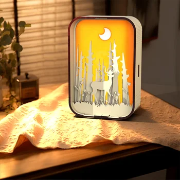 Креативна 3D Стереоскопическая led лампа за рязане на хартия в дървена основа Мультяшная атмосфера Нощни декор Изкуство Нощни лека нощ Подарък на Приятел