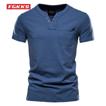 Лятна Мъжки Памучен тениска FGKKS, Обикновен Дизайн на Джоба, Блузи С V-образно деколте и копчета, Мъжки Ежедневни Класически Брандираната Тениска С Къс Ръкав, Мъжки