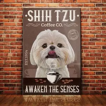 Метална табела Shih Tzu Dog Coffee Company, Реколта кухненски дъски, боядисани стени, Алуминиеви табели за дома, за барове, ресторанти, Кафенета