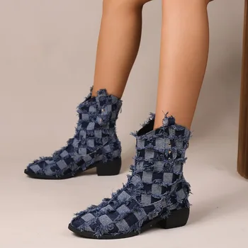 Модерен Дамски ботуши с цип, Зимни и Есенни Дънкови обувки С остри пръсти, за Боядисана обувки, Дамски Модни обувки с Квадратни пръсти, 35-42